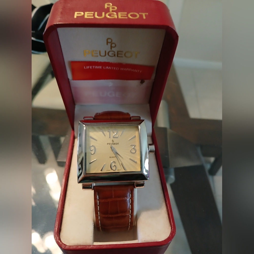 Peugeot 44mm Silver Dial with Brown Leather Strap Unisex